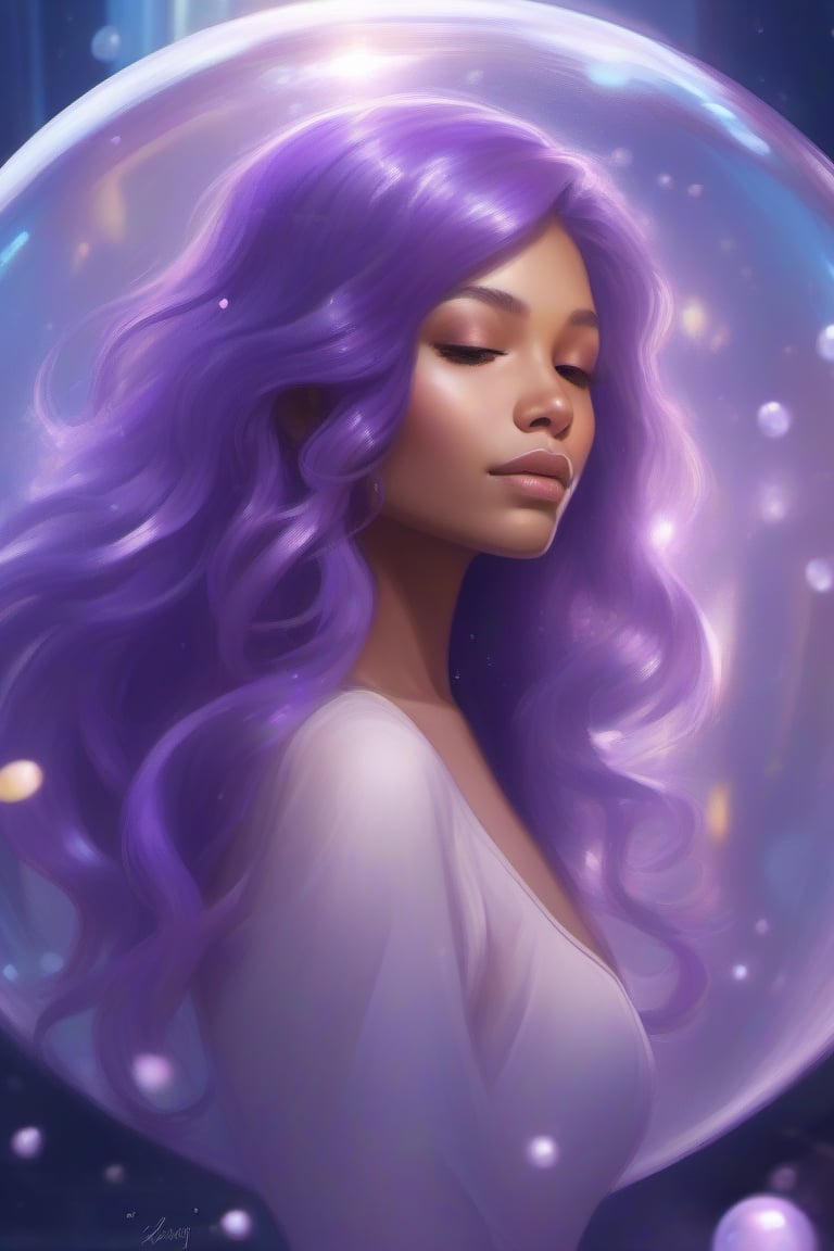 In a futuristic era of 2042, a stunning woman with purple hair and majestic features sits majestically in a bubble-like sphere, surrounded by shimmering bubbles. Her eyes are half-closed, her mouth is closed, and she wears a gentle smile as she gazes directly at the viewer. Her long, flowing hair cascades down her back like a fiery waterfall. The background glows with an ethereal light, casting a warm ambiance on her radiant features.