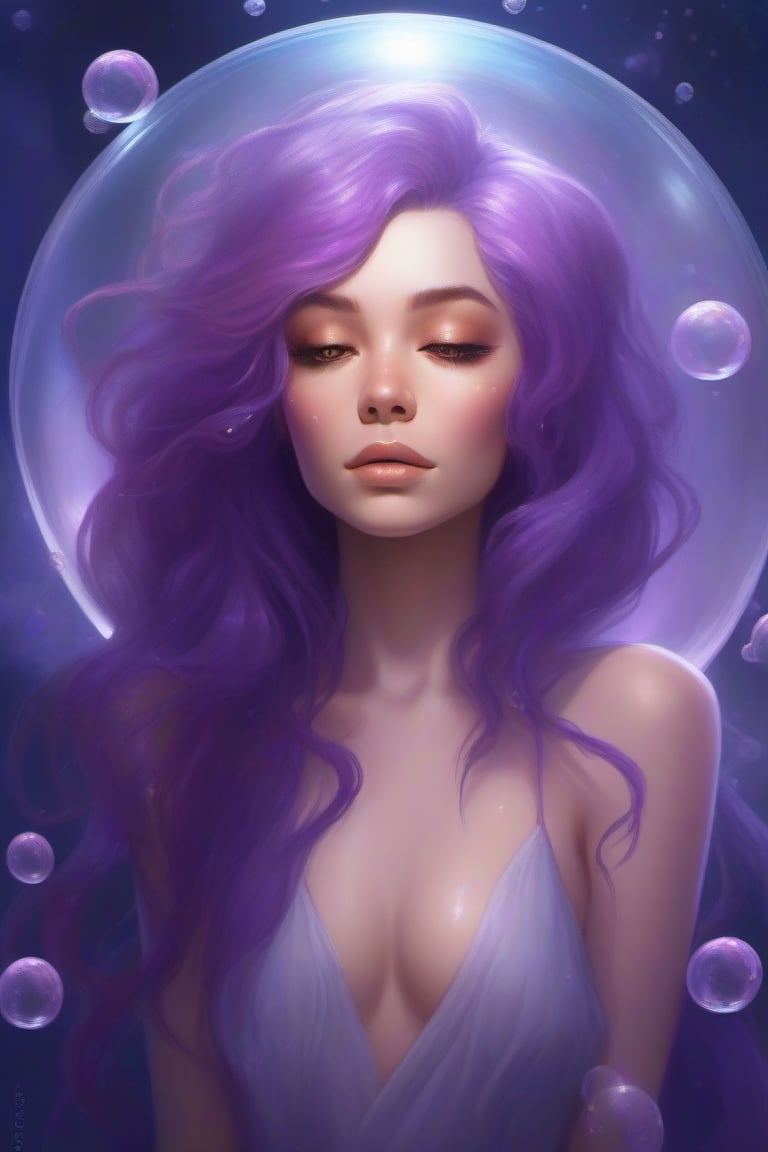 In a futuristic era of 2042, a stunning woman with purple hair and majestic features sits majestically in a bubble-like sphere, surrounded by shimmering bubbles. Her eyes are half-closed, her mouth is closed, and she wears a gentle smile as she gazes directly at the viewer. Her long, flowing hair cascades down her back like a fiery waterfall. The background glows with an ethereal light, casting a warm ambiance on her radiant features.