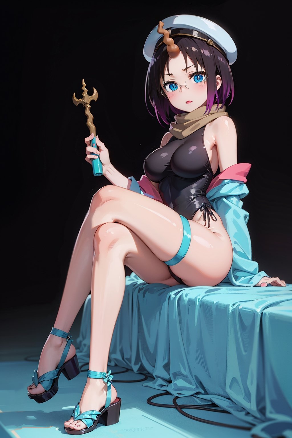 Elma has short black hair dyed purple at the ends, and a long spiral unicorn horn (which she can freely hide), she has blue eyes, wears round glasses, and wears a light brown scarf with a leotard. dark blue (sometimes black), She wears a purple kimono, with a navy blue obi over it, with the cap buttoned down, She has bandages around her legs and sandals, Her train is cobalt blue and turquoise (which can be hidden freely ), carries a long brown trident,elma,cammystretch,elma joui