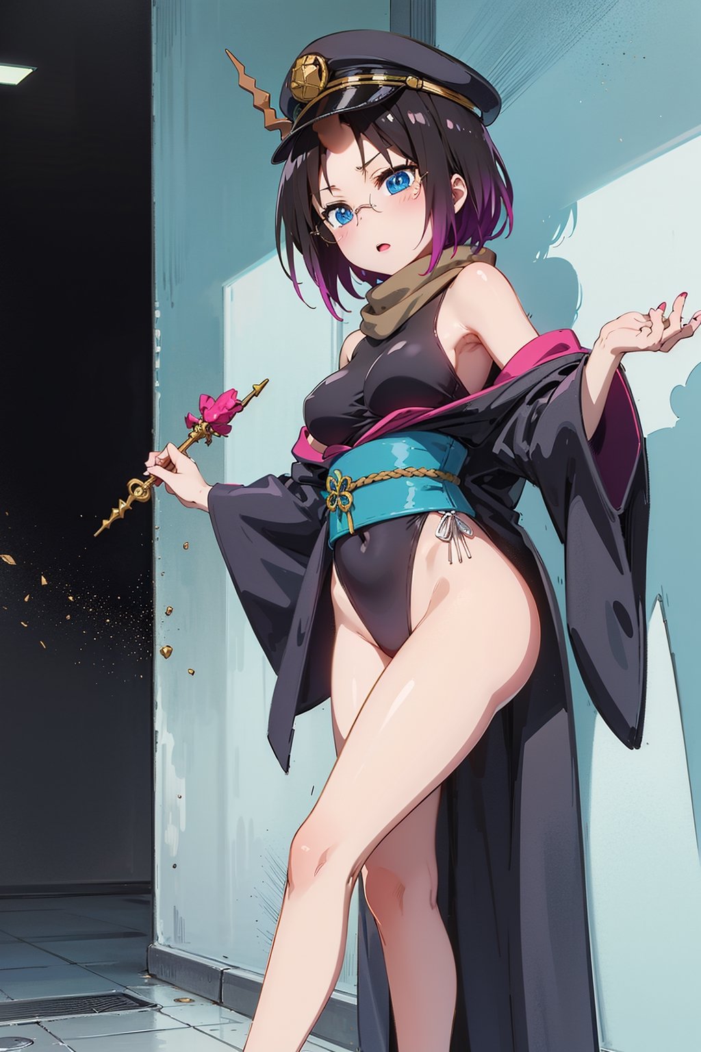 Elma has short black hair dyed purple at the ends, and a long spiral unicorn horn (which she can freely hide), she has blue eyes, wears round glasses, and wears a light brown scarf with a leotard. dark blue (sometimes black), She wears a purple kimono, with a navy blue obi over it, with the cap buttoned down, She has bandages around her legs and sandals, Her train is cobalt blue and turquoise (which can be hidden freely ), carries a long brown trident,elma,cammystretch,elma joui