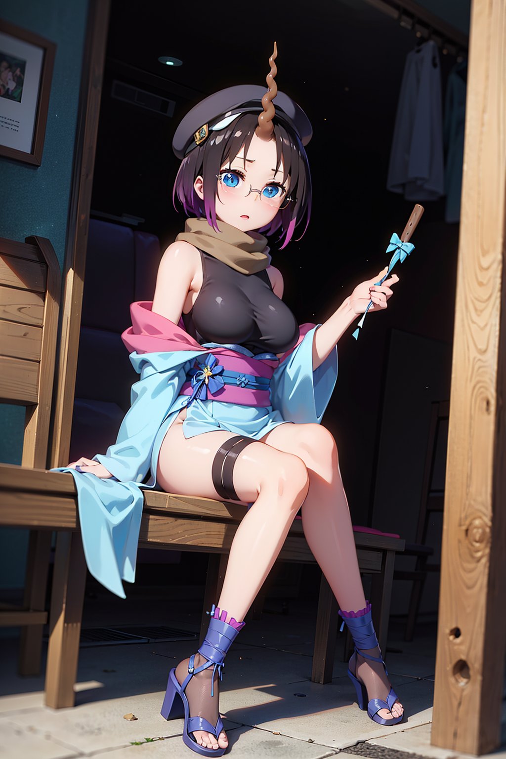 Elma has short black hair dyed purple at the ends, and a long spiral unicorn horn (which she can freely hide), she has blue eyes, wears round glasses, and wears a light brown scarf with a leotard. dark blue (sometimes black), She wears a purple kimono, with a navy blue obi over it, with the cap buttoned down, She has bandages around her legs and sandals, Her train is cobalt blue and turquoise (which can be hidden freely ), carries a long brown trident,elma,cammystretch,elma joui