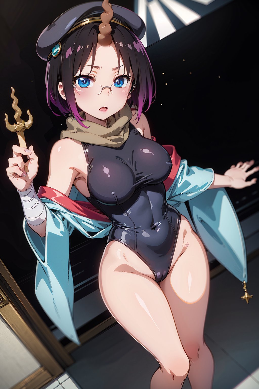Elma has short black hair dyed purple at the ends, and a long spiral unicorn horn (which she can freely hide), she has blue eyes, wears round glasses, and wears a light brown scarf with a leotard. dark blue (sometimes black), She wears a purple kimono, with a navy blue obi over it, with the cap buttoned down, She has bandages around her legs and sandals, Her train is cobalt blue and turquoise (which can be hidden freely ), carries a long brown trident,elma,cammystretch,elma joui