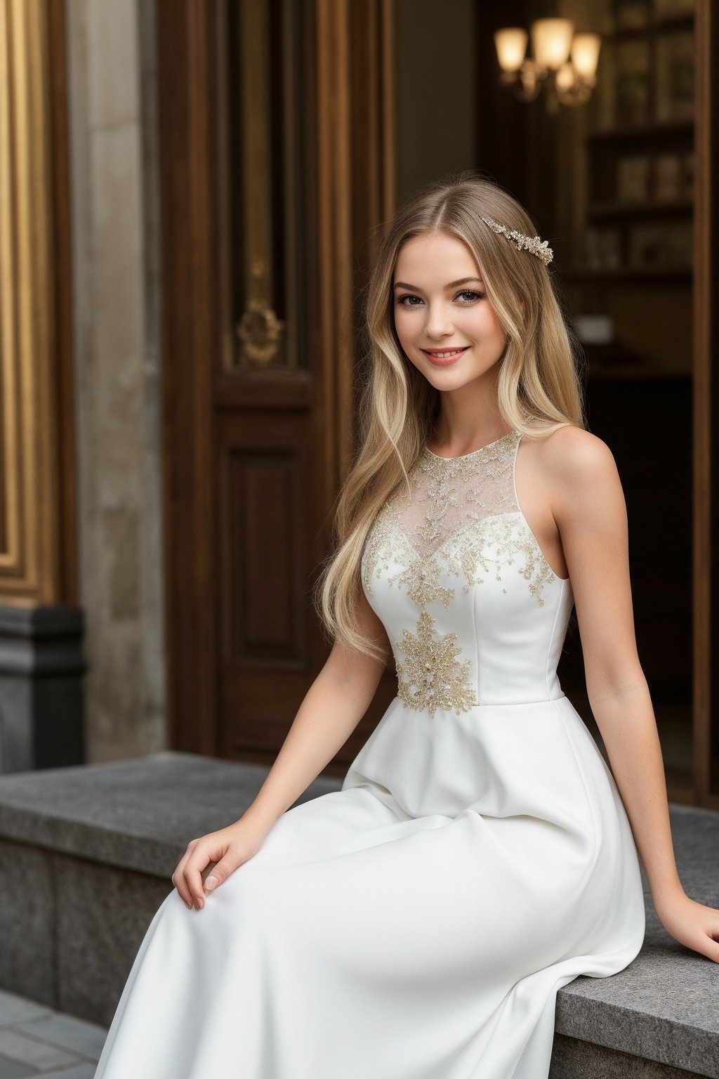 (masterpiece), 1girl, long hair, blond hair, (smile:0.5), dress,