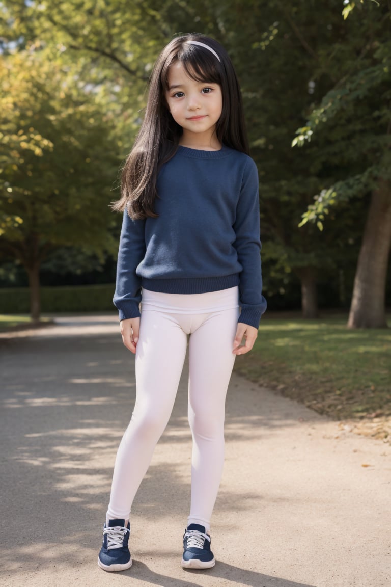 A serene and youthful portrait of a little girl. 7 years old, full body, infant body, while her beautiful face shines with an innocent charm, leggings 
