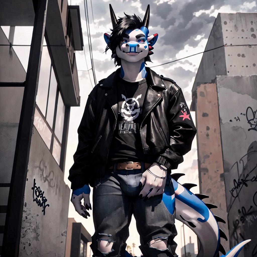 Furry, male, dragon, goth, black jacket, unbuttoned jeans,  bulge, overcast sky, los angeles, concrete, graffity, palms, graffity