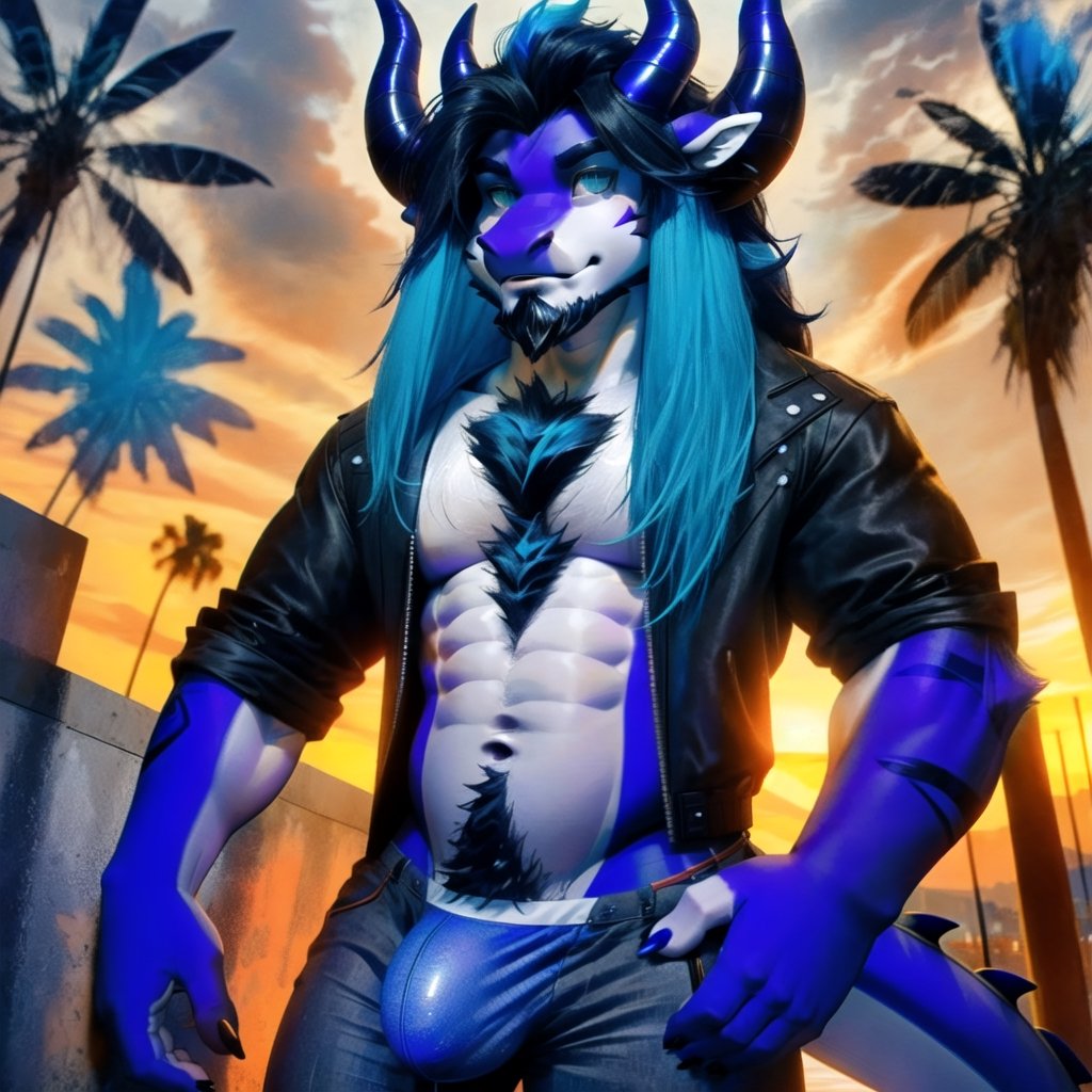 Furry, male, anthro dragon, (((red-purple body, white chest, white belly, long black hair, blue 
hair tips, blue goatee beard, downcurved horns, turquoise eyes:1.3))), goth, black jacket, unbuttoned jeans, 
((lowered red thongs, bulge:1.2)), overcast sky, los angeles, concrete, graffity, palms, sunset, graffity