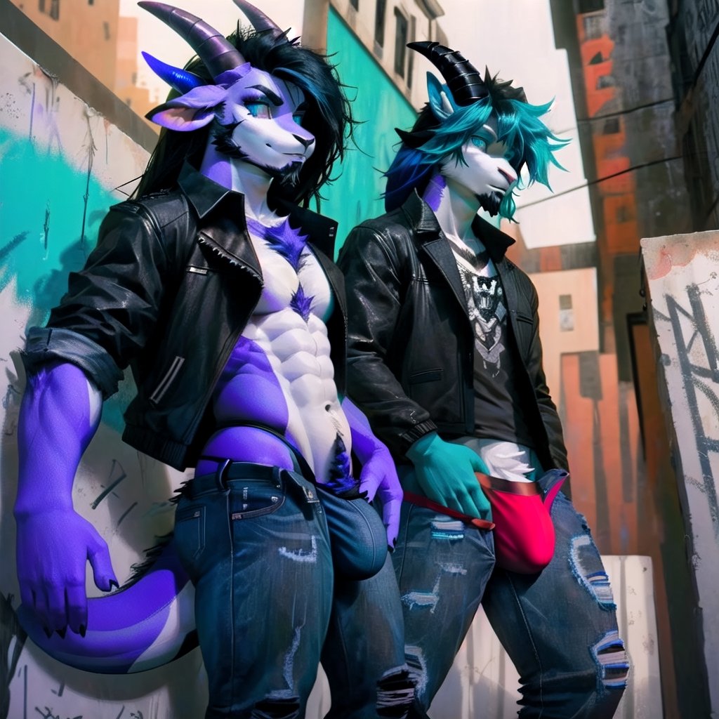 Furry, male, anthro dragon, (((purple body, white chest, white belly, long black hair, blue 
hair tips, blue goatee beard, goat downcurved horns, turquoise eyes, goth, black jacket, unbuttoned jeans:1.3))), 
((lowered red thongs, bulge:1.4)), overcast sky, los angeles, concrete, graffity, palms, graffity