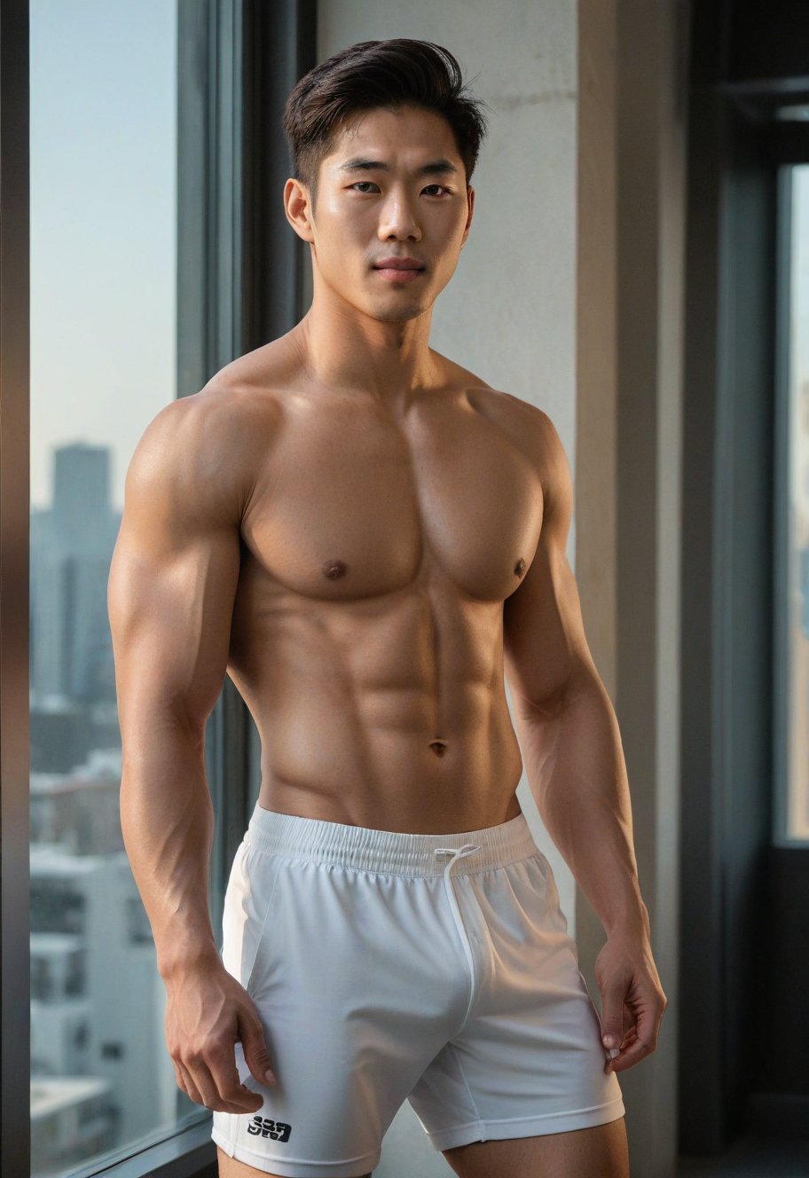 A handsome young Korean-looking man, 29 years old, flaunts his toned physique in tight sportswear, showcasing six-pack abs. Standing before a mirror-backed window, the twilight atmosphere casts an alluring glow, accentuating his cheeky, mischievous expression and naughty grin. Framed by the building's sleek architecture, the model's upper body is the focal point, with strict physical lines emphasizing his athletic build. The photographer's keen eye captures the perfect balance of light and shadow, achieving a crisp white tone and striking contrast. Composed in harmony with the Golden Ratio, this image exudes confidence and charisma,classified advertisement