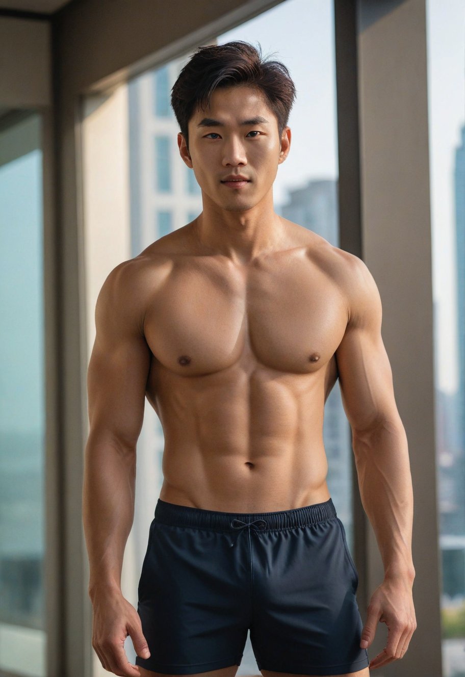 A handsome young Korean-looking man, 29 years old, flaunts his toned physique in tight sportswear, showcasing six-pack abs. Standing before a mirror-backed window, the twilight atmosphere casts an alluring glow, accentuating his cheeky, mischievous expression and naughty grin. Framed by the building's sleek architecture, the model's upper body is the focal point, with strict physical lines emphasizing his athletic build. The photographer's keen eye captures the perfect balance of light and shadow, achieving a crisp white tone and striking contrast. Composed in harmony with the Golden Ratio, this image exudes confidence and charisma.