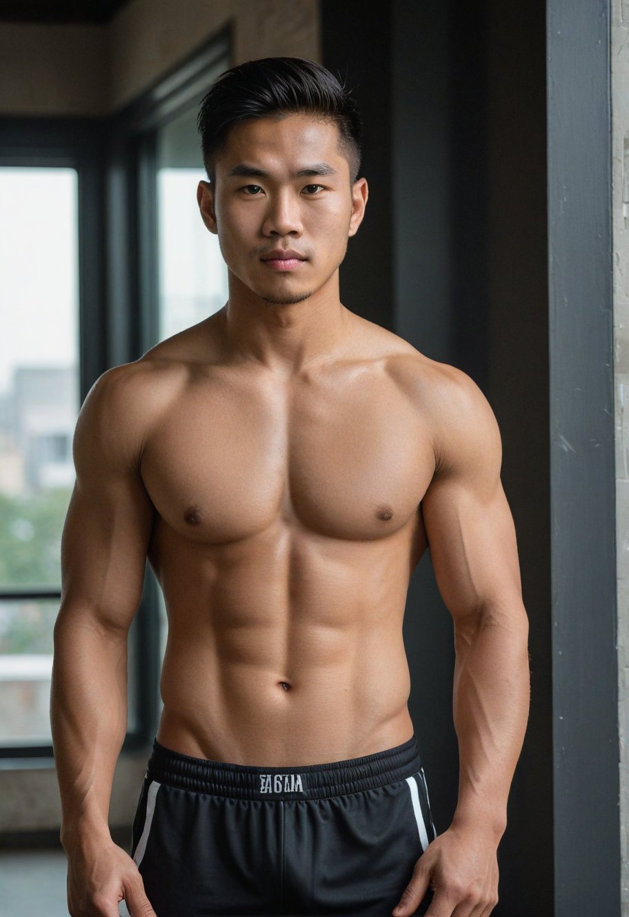 A handsome young hmong-looking man, 29 years old,((strict physical detailing)),flaunts his toned physique in tight sportswear, showcasing six-pack abs. Standing before a mirror-backed window, the twilight atmosphere casts an alluring glow, accentuating his cheeky, mischievous expression and naughty grin. Framed by the building's sleek architecture, the model's upper body is the focal point, with strict physical lines emphasizing his athletic build. The photographer's keen eye captures the perfect balance of light and shadow, achieving a crisp white tone and striking contrast. Composed in harmony with the Golden Ratio, this image exudes confidence and charisma,classified advertisement