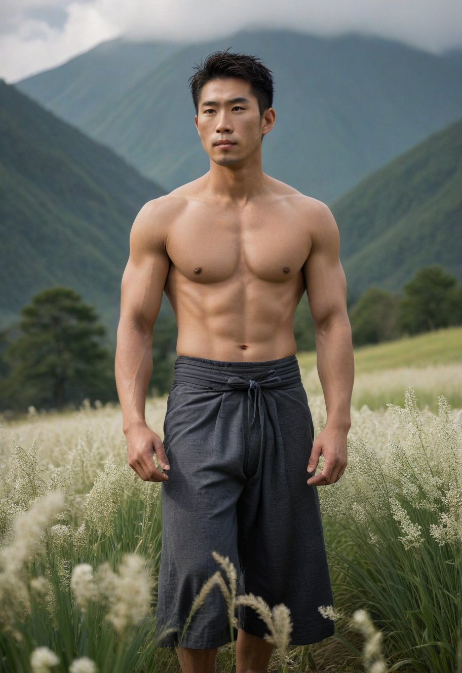 A serene 29-year-old Japanese man, standing tall at Field of Imperata cylindrica with delicate white flowers, his luminous complexion radiates a subtle sheen. Dampened by exertion, his attire clings to his toned physique. Majestic mountains tower in the misty background, their peaks shrouded in serenity. The subject's dynamic pose exudes vitality within the harmonious golden ratio composition.