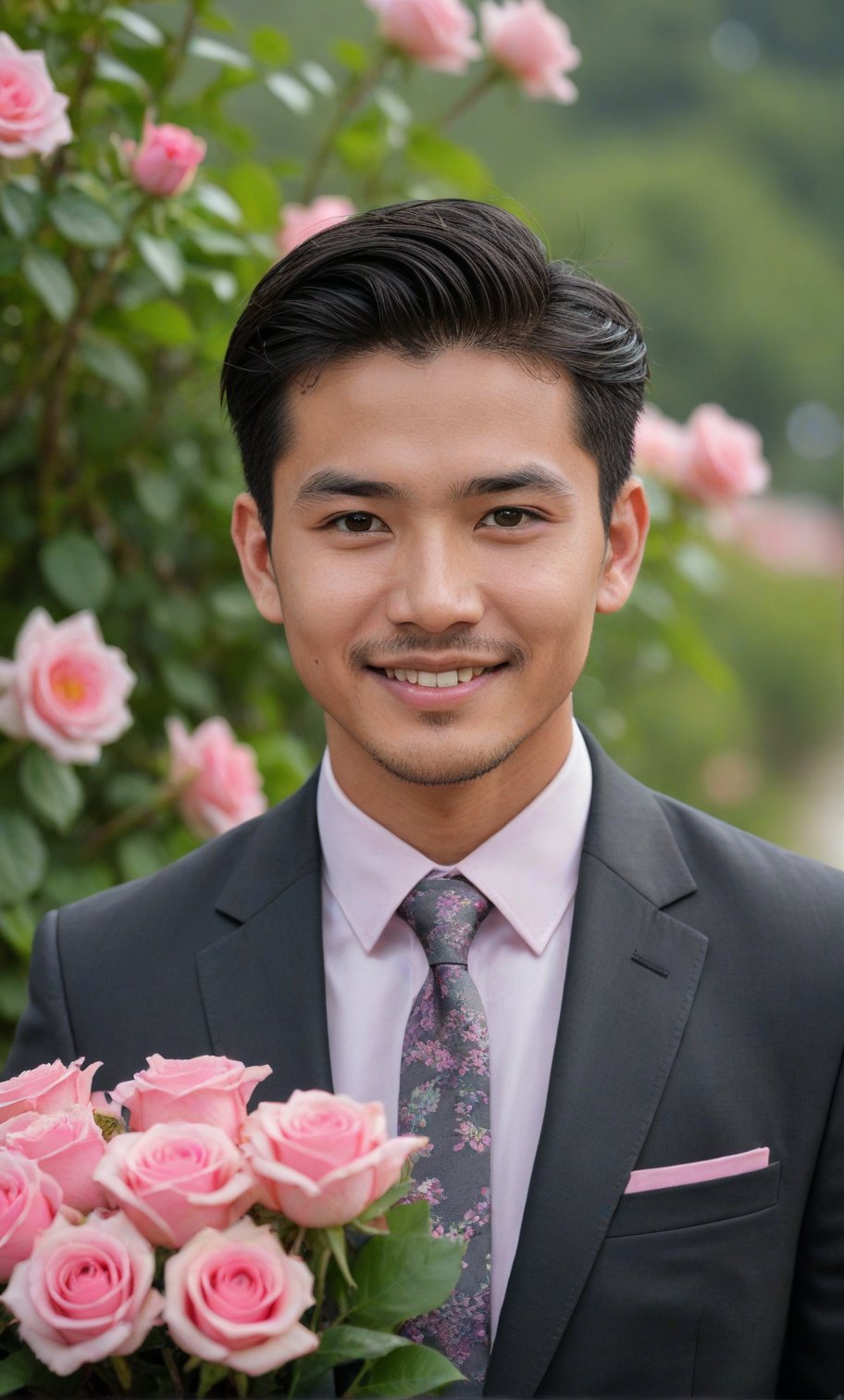 solo, looking at viewer, undercut hairstyle,smiling slightly, black hair, 1boy,upper body, flowers, stubble,male focus, outdoors, day, blurry, black eyes, blurry background, rose, facial hair, pink flower, bouquet, realistic, pink rose,Handsome Hmong man in suit , lifelike person