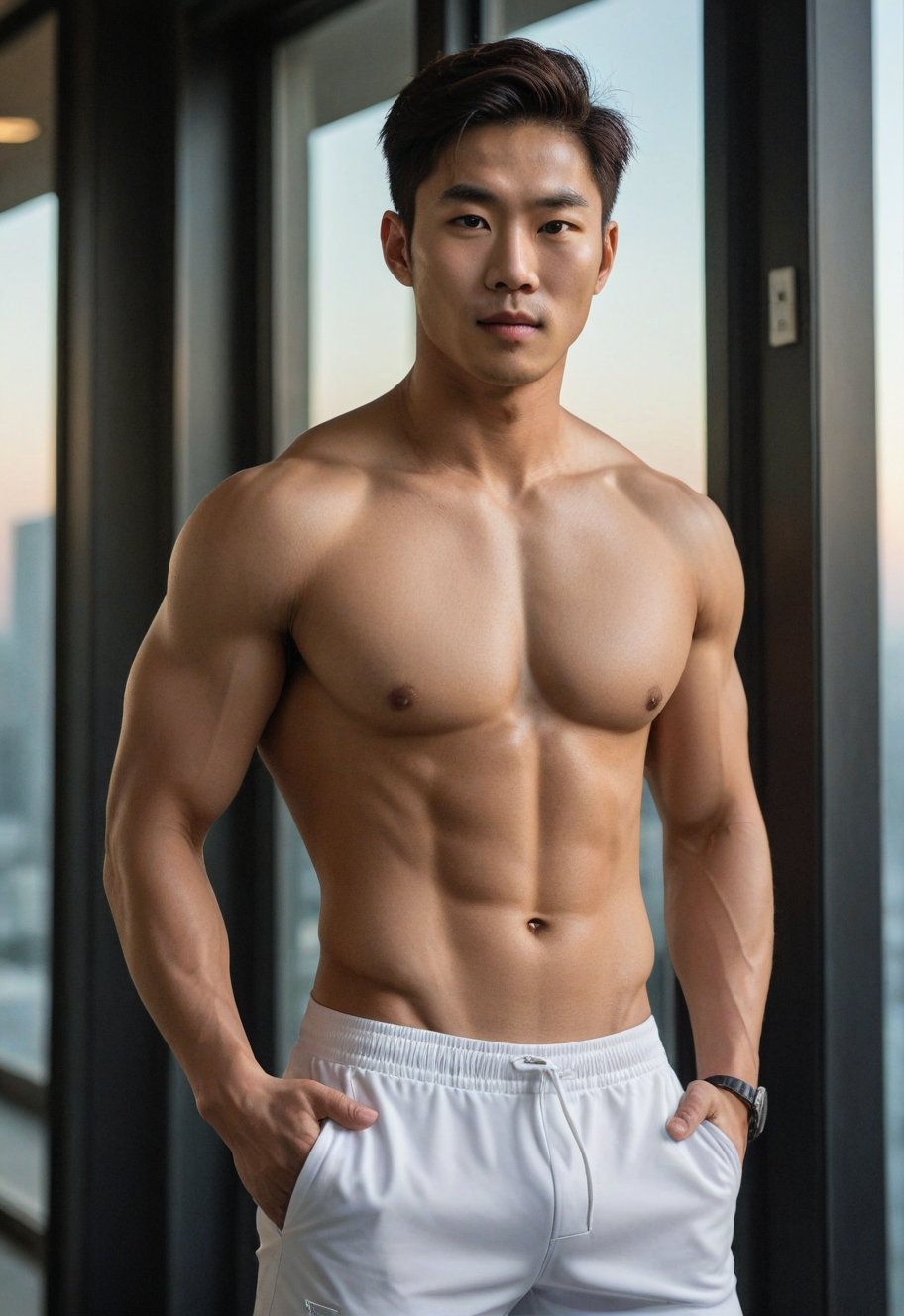 A handsome young Korean-looking man, 29 years old,((strict physical detailing)),flaunts his toned physique in tight sportswear, showcasing six-pack abs. Standing before a mirror-backed window, the twilight atmosphere casts an alluring glow, accentuating his cheeky, mischievous expression and naughty grin. Framed by the building's sleek architecture, the model's upper body is the focal point, with strict physical lines emphasizing his athletic build. The photographer's keen eye captures the perfect balance of light and shadow, achieving a crisp white tone and striking contrast. Composed in harmony with the Golden Ratio, this image exudes confidence and charisma,classified advertisement