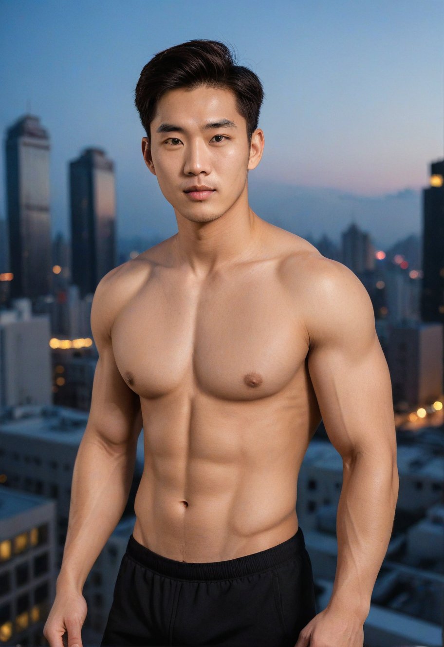 A handsome young man with a Korean-looking face, 29 years old, healthy libs, in a tall building, the backdrop is a mirror with a view from a tall and roof building,twilight mood and tone, healthy with Sixpack in tight sportswear, looks Cheeky, mischievous, naughty_face, the lighting looks alluring, model, male sportswear model, photo shoot, upper_body ,strict physical ,strictly_mouth, good white balance and contrast,"An image with a composition based on the Golden Ratio."