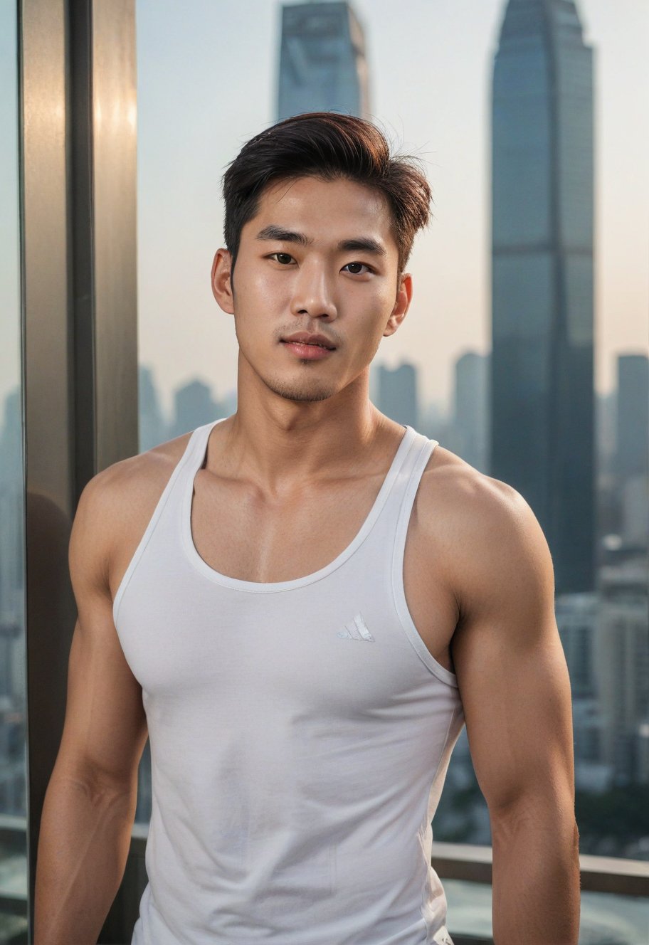 A handsome young man with a Korean-looking face, 29 yo, healthy libs, in a tall building, the backdrop is a mirror with a view from a old and tall building, healthy with Sixpack, looks Cheeky, mischievous, naughty_face, the lighting looks alluring, model, male sportswear model, photo shoot, upper_body ,strict physical rendering, good white balance and contrast