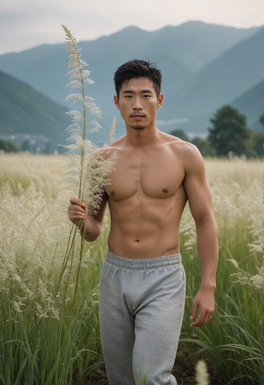 A serene 29-year-old Japanese man, standing tall at Field of Imperata cylindrica with delicate white flowers, his luminous complexion radiates a subtle sheen. Dampened by exertion, his attire clings to his toned physique. Majestic mountains tower in the misty background, their peaks shrouded in serenity. The subject's dynamic pose exudes vitality within the harmonious golden ratio composition.