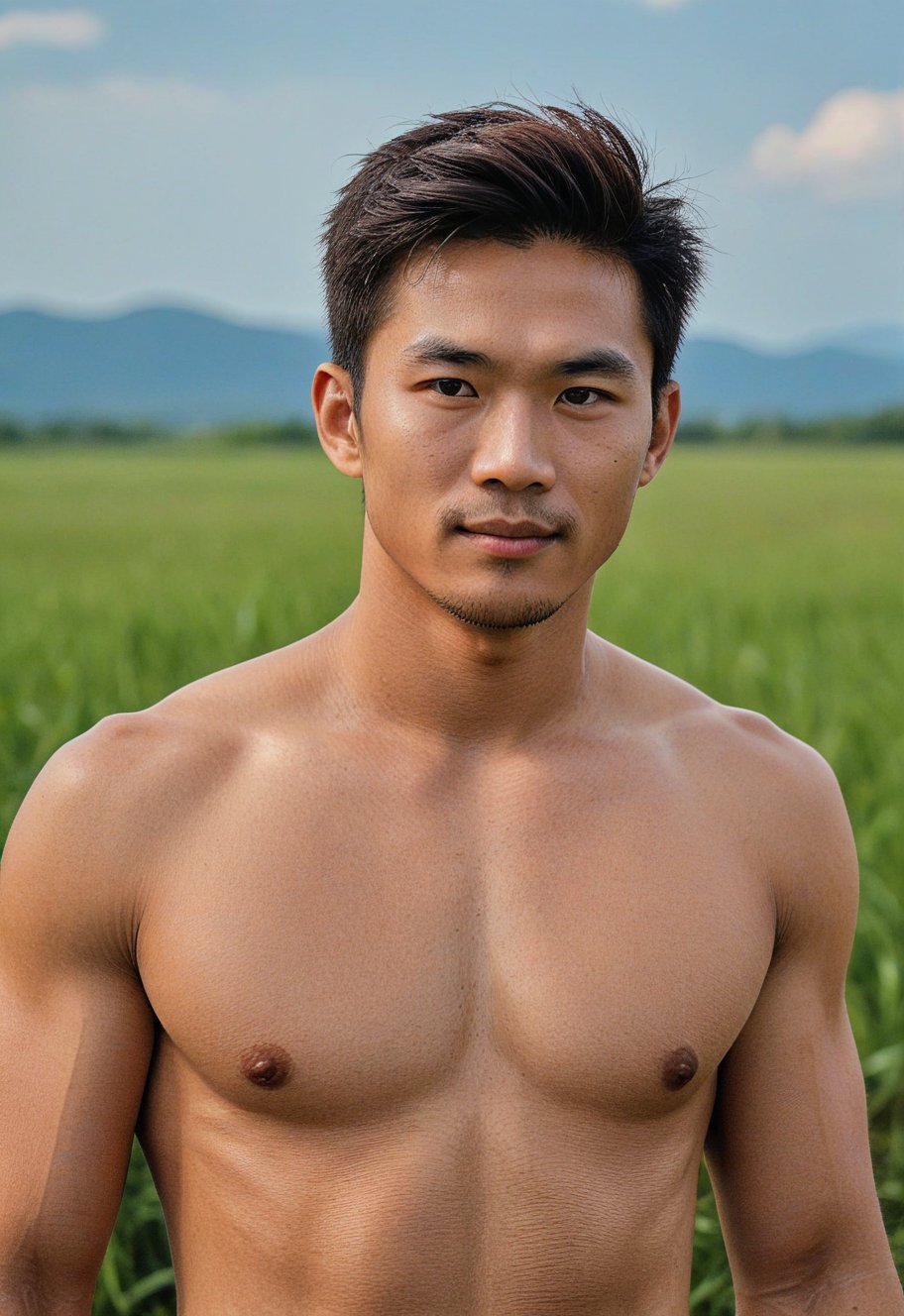 A handsome young man with a taiwanese-looking face, 29 years old, healthy lips, standing in a vast grassy field, the backdrop is an endless horizon with blue skies, healthy with a six-pack, looks cheeky, mischievous, naughty-faced, the lighting looks alluring, photo shoot, upper body, strict physical, high-impact strictly face detail, sony a7iii with 
 70-200mm Lens with  f3.5 aperture