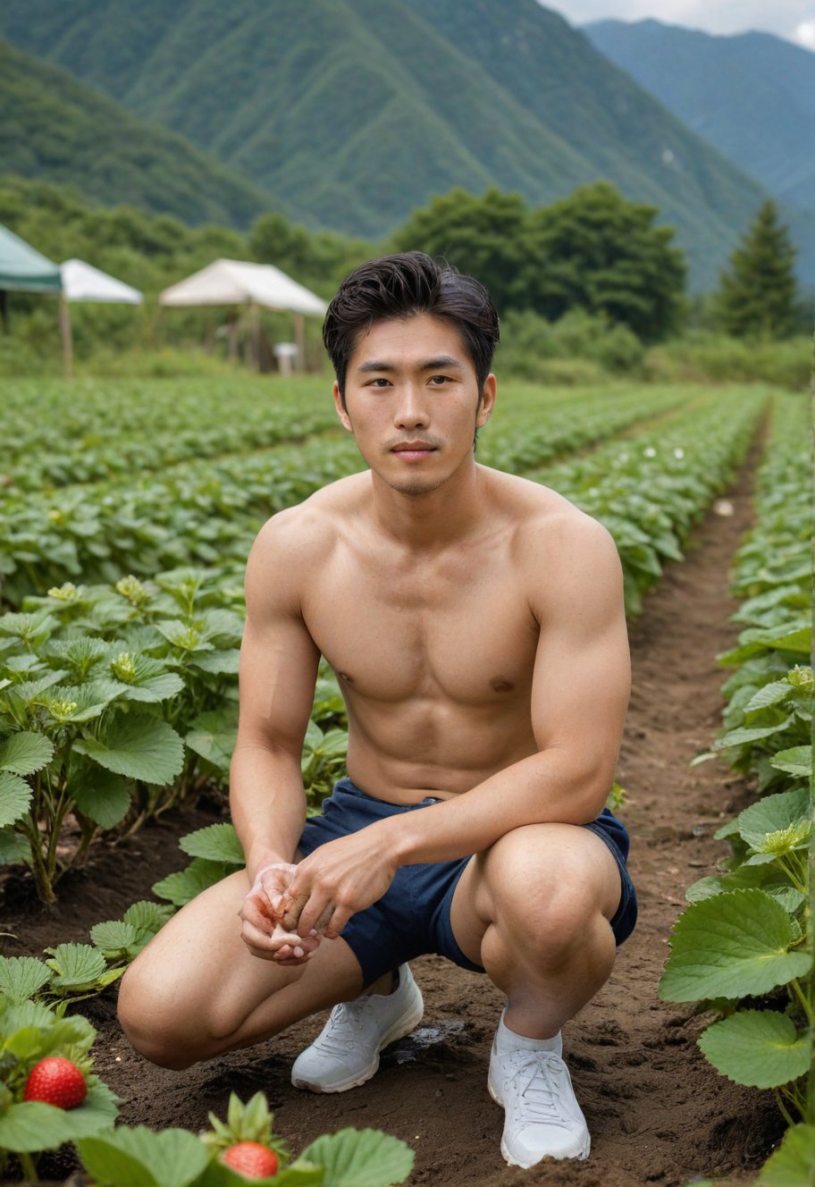 A handsome Japanese young man, 29 years old, with white and clear skin, sitting on knees at next to a strawberry patch, His clothes are wet with sweat, high mountains in the background, beautiful views, and a golden ratio position setting, Looks lively and lifelike