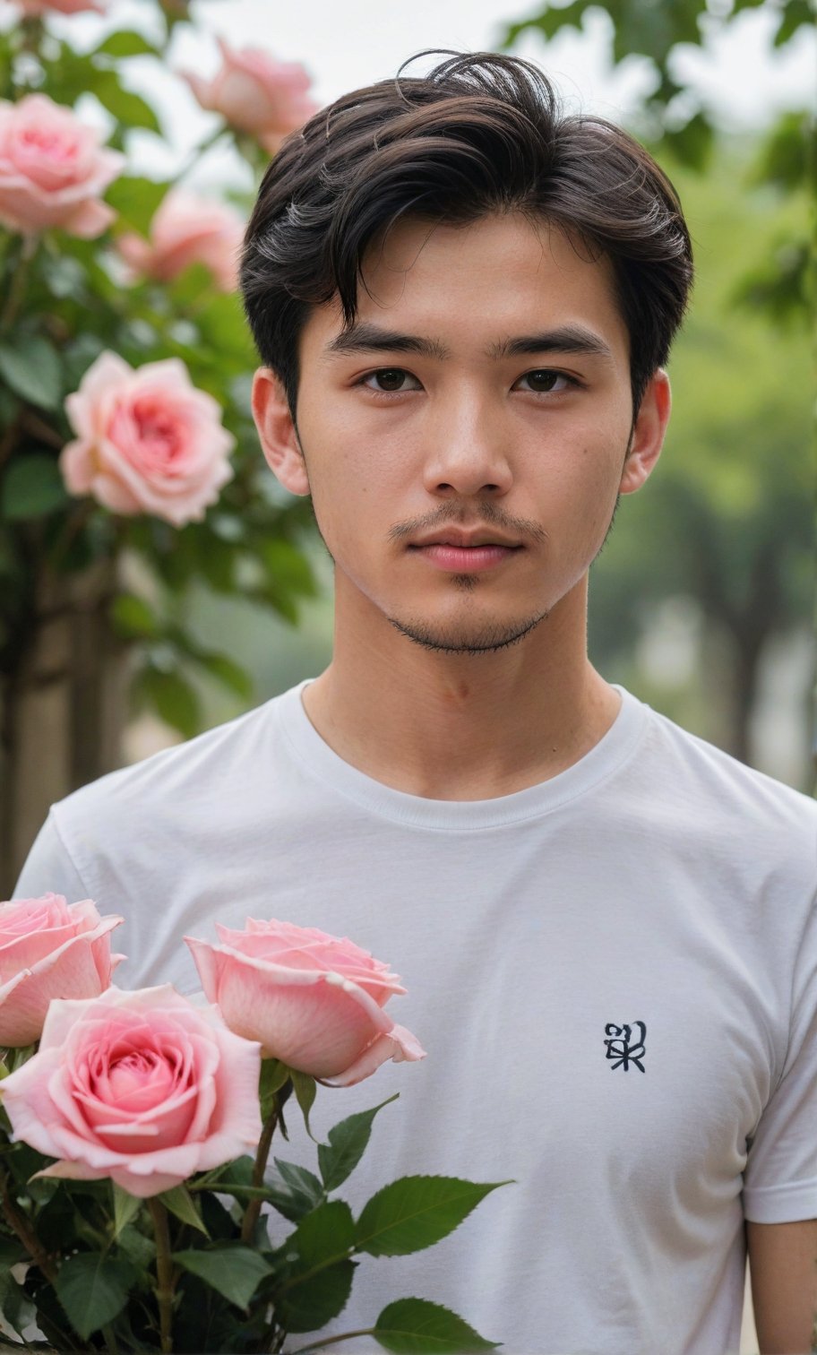 solo, looking at viewer, short hair, shirt, black hair, 1boy, white shirt, upper body, flower, short sleeves, male focus, outdoors, day, blurry, black eyes, blurry background, rose, facial hair, t-shirt, pink flower, bouquet, realistic, pink rose,Handsome  Taiwanese