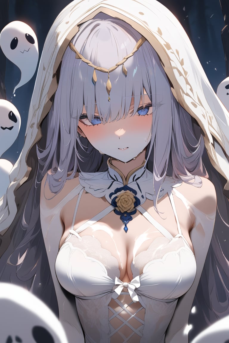 A sultry ghost girl, with porcelain-like skin and deep blue eyes, poses intimately on a weathered gravestone, as thick white liquid cascades down her face, capturing a vulnerable, embarrassed expression. White lace lingerie accentuates her curves, emphasizing her femininity. The tight close-up frame focuses on her sensitive features, drawing attention to the subtle nuances of her emotional state.