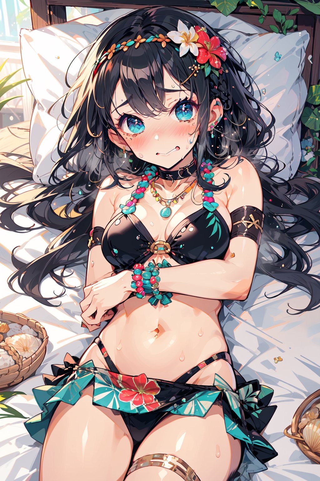 //Character
1girl, (long black hair:1.4), (embarrassed,blush:1.3),
(lying on the bed:1.8), (close-up:1.8),(sweating:1.4),
(ecstasy:1.3), (steam:1.1), (wet:0.8), (trembling:1.4), (tears:0.7), (sweat:0.8),
BREAK
//Fashions 
Polynesian Hula Costume,
Transport yourself to the islands of Polynesia with a traditional hula costume, perfect for festive tribal celebrations, Start with a grass skirt or pareo in natural or vibrant hues, adorned with floral or tribal prints, Pair it with a fitted crop top or bikini top featuring similar motifs for a cohesive look, 
BREAK
Accessorize with flower leis worn around your neck and wrists, along with a floral crown or headband, Add shell or bead jewelry, such as necklaces, bracelets, and anklets, to enhance the tropical vibe, Style your hair in loose waves or braids adorned with flowers or tropical foliage, Finish the look with barefoot sandals or flat sandals adorned with flower embellishments, This costume captures the essence of Polynesian culture and the joyous spirit of tribal celebrations like luaus and hula festivals,
BREAK