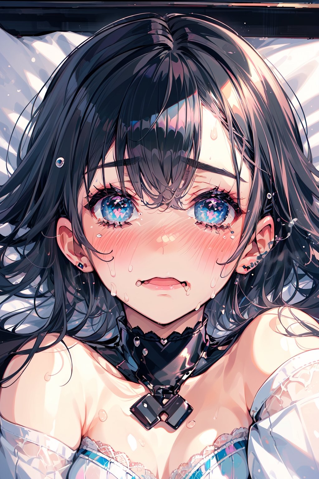 //Character
1girl, (long black hair:1.4), (embarrassed,blush:1.3),
(lying on the bed:1.8), (close-up:1.8),(sweating:1.4),
(ecstasy:1.3), (steam:1.1), (wet:0.8), (trembling:1.4), (tears:0.7), (sweat:0.8),
BREAK
//Fashions 
Gothic lace swimsuit