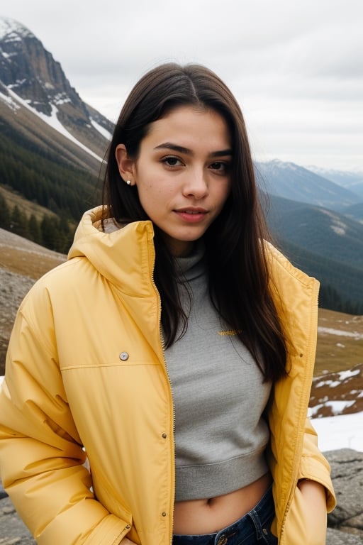 beautiful cute young attractive teenage girl,  22 years old, super cute face, clean and shiney fair skin,  Instagram model, abs,  long black_hair, colorful hair, little chubby, at snowy mountain wearing a jacket 