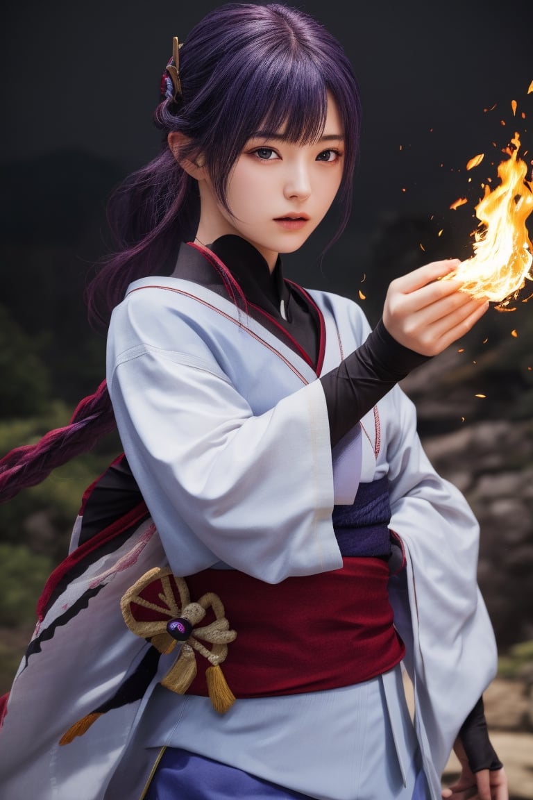 a Japanese ninja girl, long white fire hair, high quality, high resolution, high precision, realism, color correction, proper lighting settings, harmonious composition,raidenshogundef