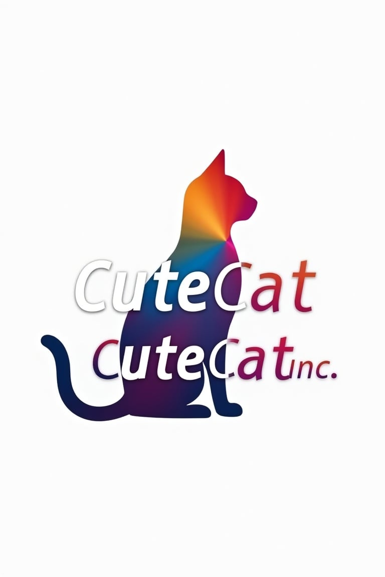 A dynamic close-up of a corporate logo featuring a cat silhouette in vibrant colors, with the words CuteCat Inc elegantly integrated. The image is set against a white background, exuding a modern and professional style. The design is visually stunning, with attractive aesthetics and a polished, digital art finish. Masterpiece quality, capturing the essence of a corporate design with a touch of playful charm.