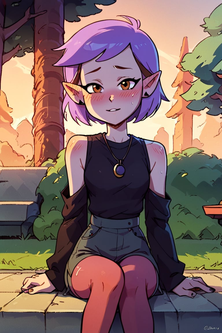 score_9, score_8_up, score_7_up, 1 teen girl, Amity Blight, short purple hair, brown eyes, pointy ears, yellow eyes, black shirt, detached_sleeves, red_leggings, sitting_down, park, sunset, looking at viewer, blushing, cartoon, beutiful light, shadows