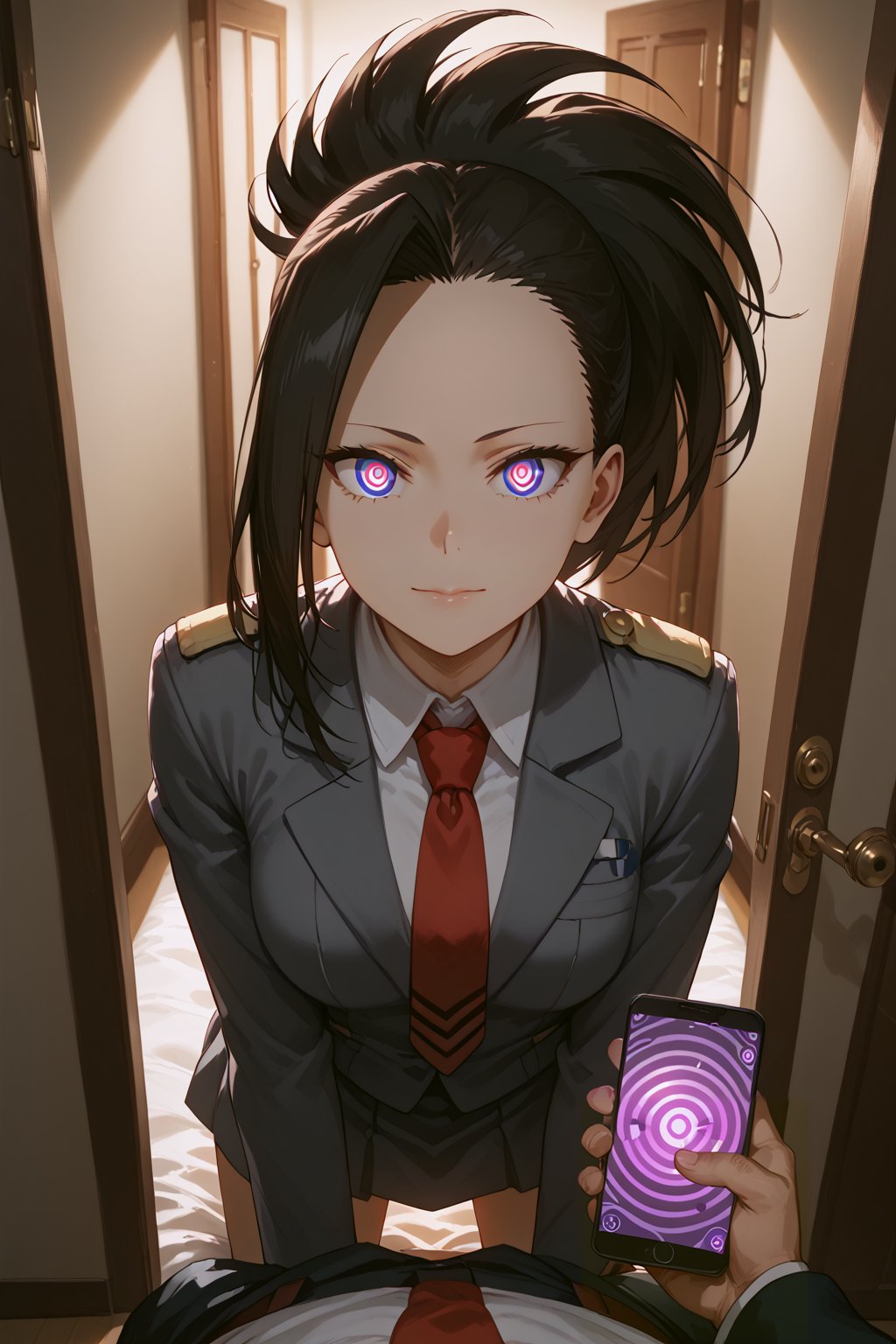 score_9, score_8_up, score_7_up, score_6_up, source_anime, masterpiece, best quality, ultra-detailed, highres, absurdres, cinematic lighting, 
1girl, solo, yaoyorozu momo, 
doorway, front door, answering door, hand on door, opening door, 
looking at viewer, 
female focus, 2/4 angle view, three quarter view, ,kaguya, black dress, closer,yaoyorozu momo, school uniform, grey uniform school, red tie, closer, 1boy, mind control, hypnosis, smartphone, pov holding phone, dogeza,from side, 1girl, dogeza position, doing dogeza, facing you, front view, head down, facing_viewer, dogeza,from side, 1girl, dogeza position, doing dogeza, facing you, front view, head down, facing_viewer, on bed