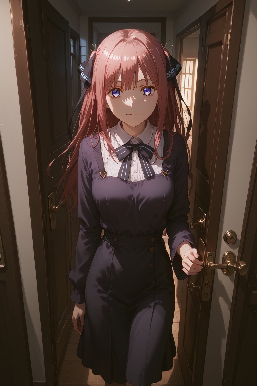 score_9, score_8_up, score_7_up, score_6_up, source_anime, masterpiece, best quality, ultra-detailed, highres, absurdres, cinematic lighting, 
1girl, solo, Nino Nakano, 
doorway, front door, answering door, hand on door, opening door, 
looking at viewer, 
female focus, 3/4 angle view, three quarter view, ,nino nakano