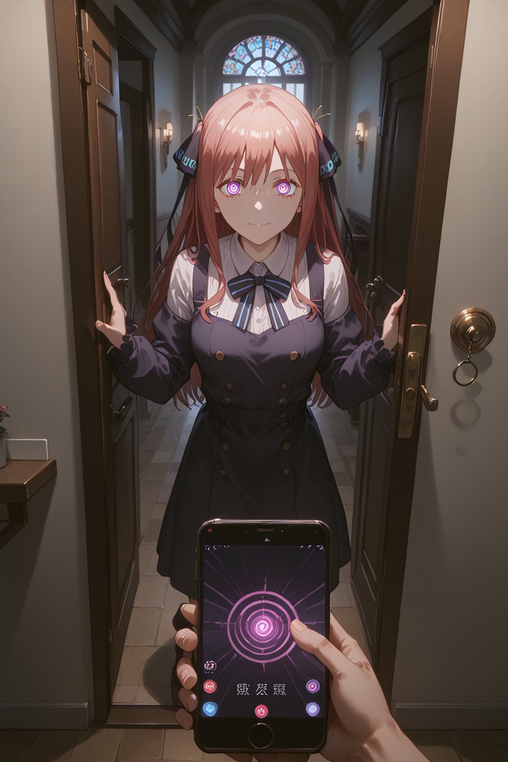 score_9, score_8_up, score_7_up, score_6_up, source_anime, masterpiece, best quality, ultra-detailed, highres, absurdres, cinematic lighting, 
1girl,Nino Nakano, 
doorway, front door, answering door, hand on door, opening door, 
looking at viewer, 
1boy, mind control, hypnosis, smartphone, pov holding phone, 
female focus, 3/4 angle view, three quarter view, from below, ,nino nakano