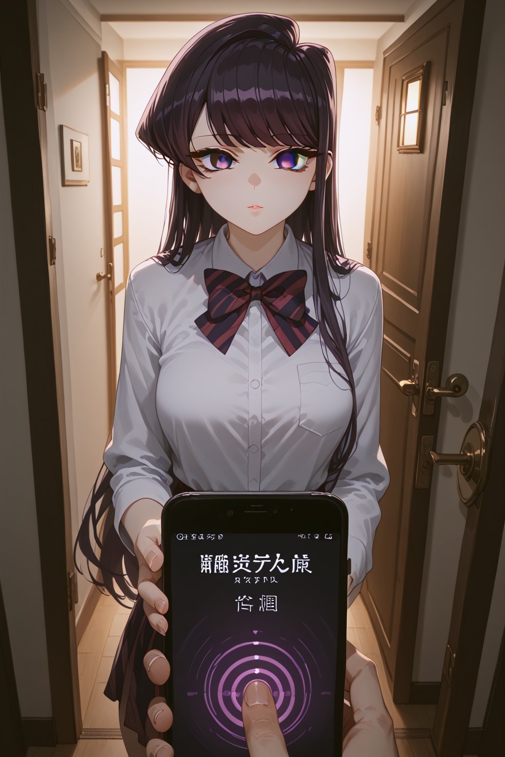 score_9, score_8_up, score_7_up, score_6_up, source_anime, masterpiece, best quality, ultra-detailed, highres, absurdres, cinematic lighting, 
1girl, Shoko Komi, 
doorway, front door, answering door, hand on door, opening door, 
looking at viewer, 
1boy, mind control, hypnosis, smartphone, pov holding phone, 
female focus, 3/4 angle view, three quarter view, from below, ,shouko komi