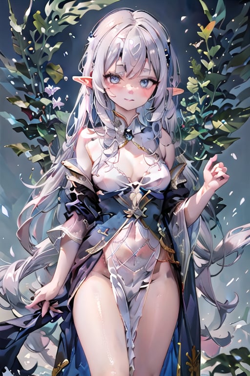 A stunning elf girl stands gracefully, embodying the serene yet powerful presence of a priest. Her flowing robes are intricately detailed, with sacred symbols and ethereal patterns woven into the fabric, reflecting her divine connection. She poses with an air of calm authority, her delicate features framed by long, shimmering hair that cascades down her shoulders. Soft, mystical light surrounds her, illuminating her flawless skin and the subtle glow in her eyes, which seem to hold ancient wisdom. The scene exudes a sense of reverence and otherworldly beauty, capturing the essence of this enchanting elven priest as she stands in quiet contemplation.