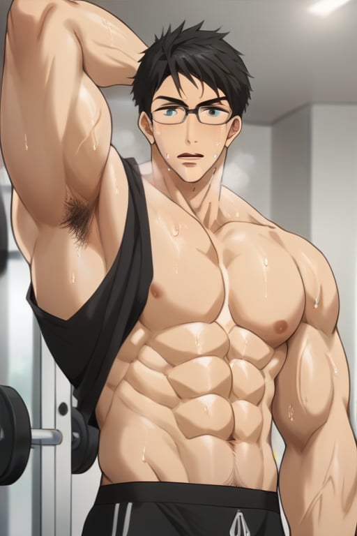 score_9, score_8_up, score_7_up, masterpiece, best quality, close up, lots of details, ((1man)), solo, sousuke_yamazaki, black hair, green eyes,glasses, sweat, big muscle, abs, bodybuilder physique, bushy armpit hair, sweaty, soft smirk, hairy armpits, large pectorals, muscular, sexy, flirty, pecterals, abs, vein muscles, face freckles, male focus, man wearing a black tank top, stringer shirt with a (low-cut chest:1.1) (extreme low-cut dropped side holes:1.1), sweating, open mouth, heavy breathing, squatting, exercise, weightlifting, barbell on the shoulders, bulge, detailed shading, detailed skin, shaded skin, realistic shading, looking at viewer, Expressiveh, countershading:1.1, Gym, indoors