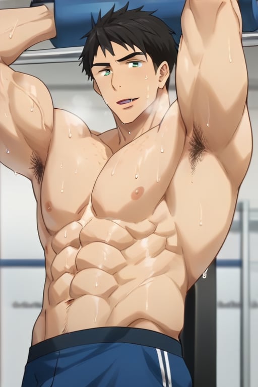 score_9, score_8_up, score_7_up, masterpiece, best quality, close up, lots of details, ((1man)), solo, sousuke_yamazaki, black hair, green eyes,man wearing a black tank top, stringer shirt with a (low-cut chest:1.1) (extreme low-cut dropped side holes:1.1),sweat, big muscle, abs, bodybuilder, bushy armpit hair, sweaty, soft smirk, hairy armpits, large pectorals, muscular, sexy, flirty, pecterals, abs, vein muscles, face freckles, open mouth, heavy breathing, squatting, exercise, weightlifting, barbell on the shoulders, bulge, detailed shading, detailed skin, shaded skin, realistic shading, looking at viewer, countershading:1.1, Gym, indoors,