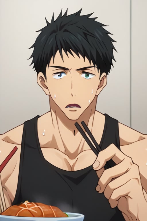 sousuke_yamazaki, solo, 1boy, :), black hair, green eyes, male focus, sweat, big muscle, eight-pack abs, abs, bicep,bodybuilder, bushy armpit hair, solo, black tank top,muscular,1boy, male focus, chopsticks, food, shirt, solo, shirt, black hair, phone, holding, katsudon, looking at viewer, open mouth, cellphone, smartphone, eating, holding chopsticks, bowl, upper body, masterpiece, best quality,close up,cartoon,jujutsu_kaisen_style