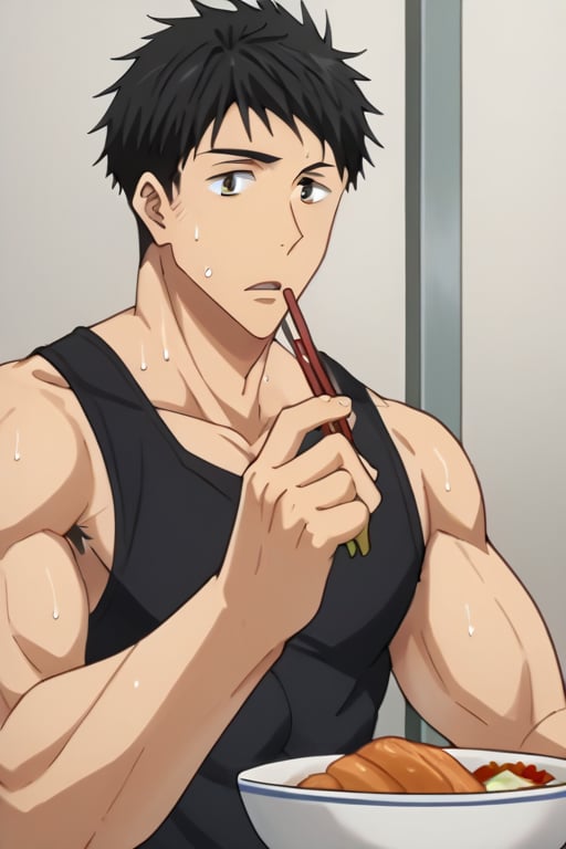 sousuke_yamazaki, solo, 1boy, :), black hair, green eyes, male focus, sweat, big muscle, eight-pack abs, abs, bicep,bodybuilder, bushy armpit hair, solo, black tank top,muscular,1boy, male focus, chopsticks, food, shirt, solo, shirt, black hair, phone, holding, katsudon, looking at viewer, open mouth, cellphone, smartphone, eating, holding chopsticks, bowl, upper body, masterpiece, best quality,close up,cartoon,jujutsu_kaisen_style