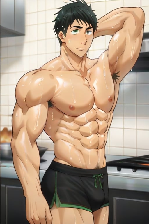 sousuke_yamazaki, solo, 1boy, :), black hair, green eyes, male focus, sweat, big muscle,bara, eight-pack abs, abs, ,bodybuilder, bushy armpit hair, solo, ,muscular,1male, wet,sweat,solo,short boxer, underwear, cooking steaks ,kitchen, wearing  apron,masterpiece, best quality,jujutsu_kaisen_style