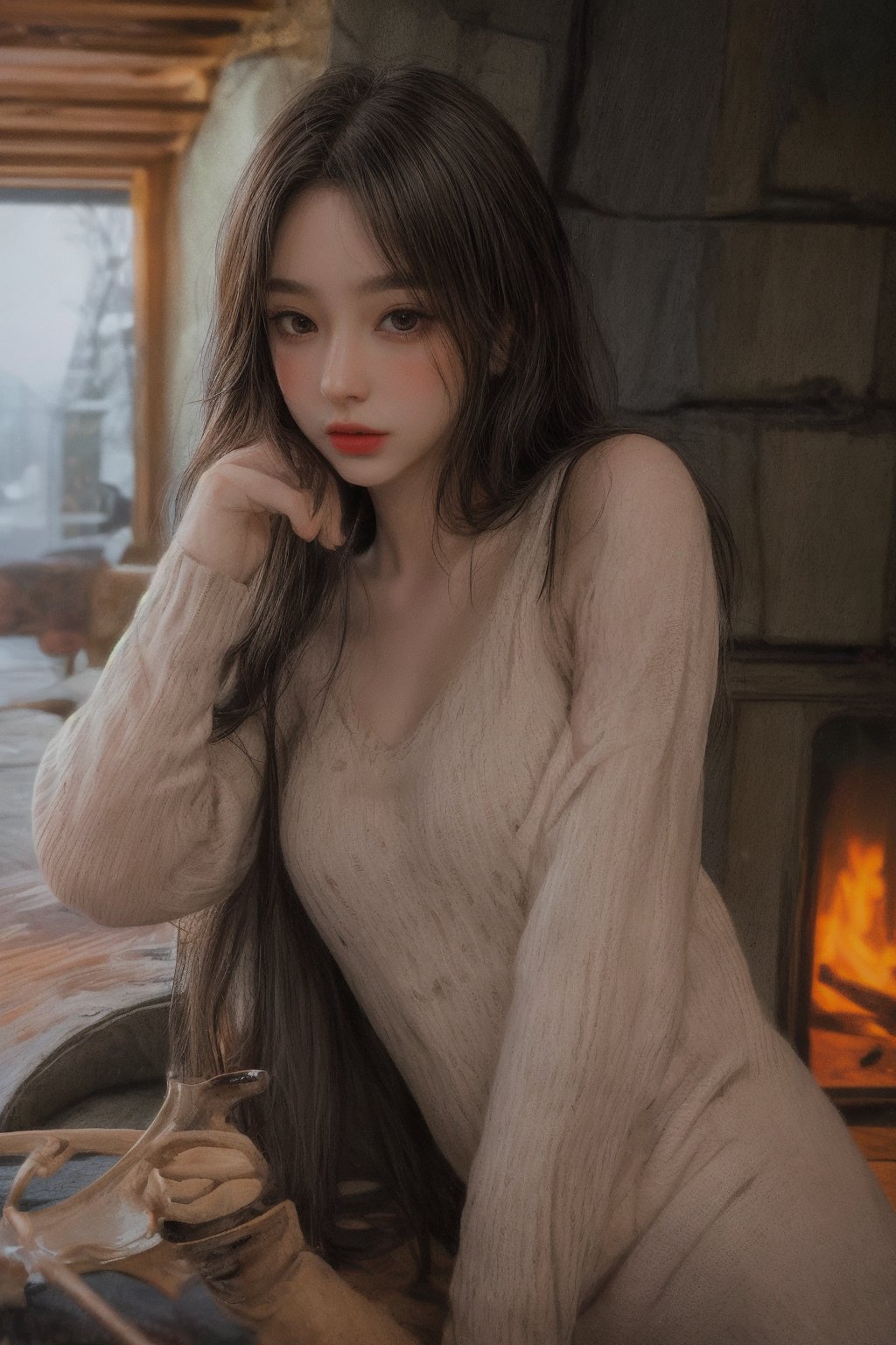 photorealistic, masterpiece, best quality, raw photo, 1girl, long hair, detailed eyes and face, big breast, low key, full_body, seductive body, chunky knit sweater, rustic cabin, cozy fireplace, oversized mug, casual glamour, tousled waves, bare legs