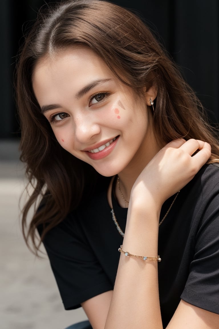 1girl, solo, long hair, looking at viewer, smile, brown hair, shirt, black hair, brown eyes, jewelry, sitting, upper body, short sleeves, necklace, blurry, lips, black shirt, blurry background, facial mark, forehead mark, realisti