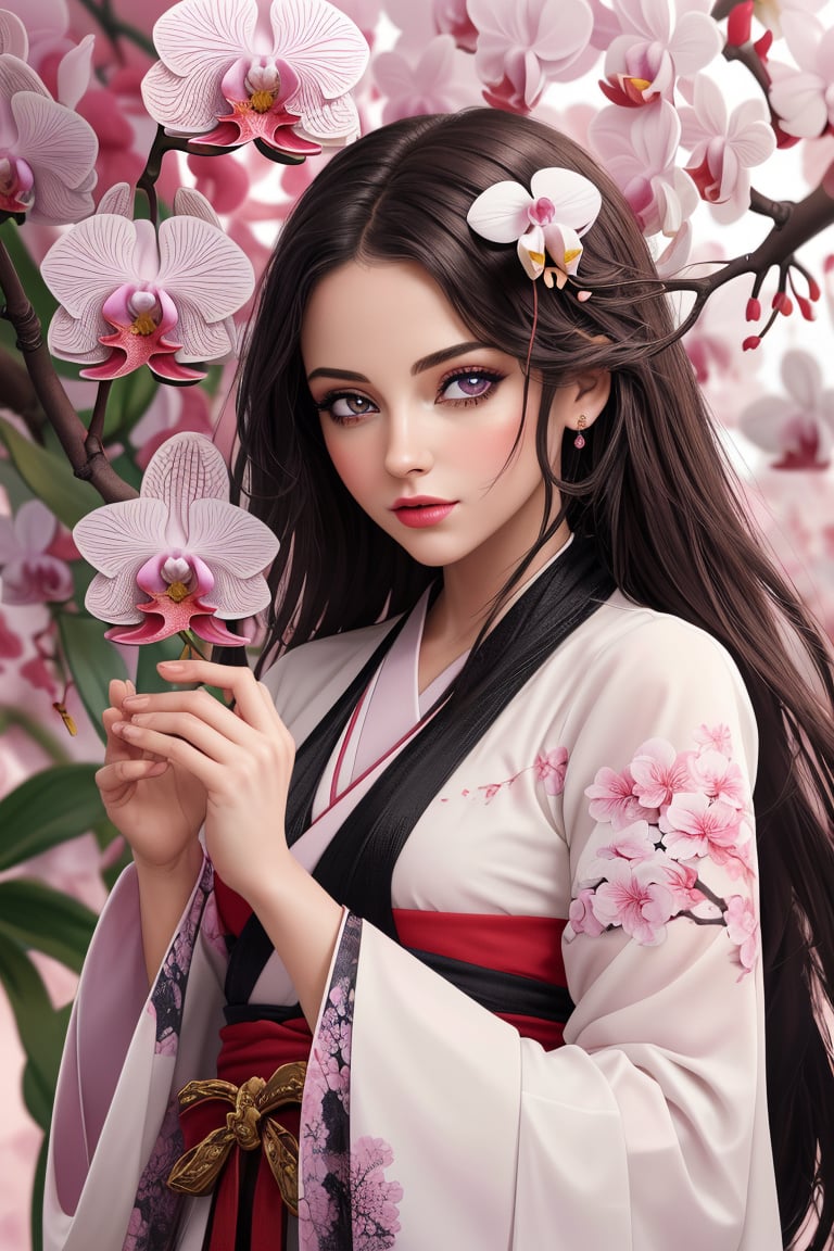 (masterpiece, top quality, best quality, official art, beautiful and aesthetic:1.2), (1girl), extreme detailed,(abstract, fractal art:1.3),highest detailed, detailed_eyes, light_particles, hanfu,jewelry, sexy, ,red,cherry blossom,The left hand's orchid fingers pinch a branch blooming with cherry blossoms,The right hand's orchid fingers lightly pinch the left sleeve