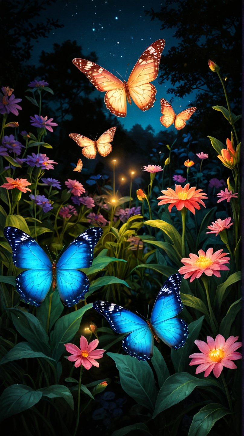 A detailed illustration of a glowing butterfly garden at night, with each butterfly emitting a soft, colorful glow that lights up the flowers