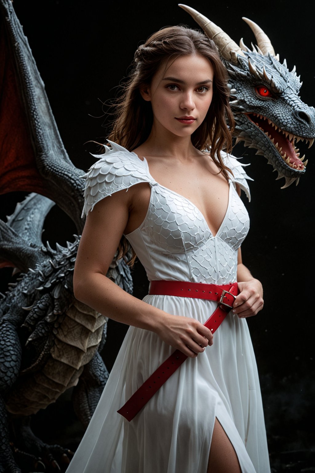 a woman in a white dress with a dragon on her shoulder and a red belt around her waist, standing in front of a dark background
glow
photography. Natural geographic photo. Hyper-realistic, 16k resolution, intricate details.
(masterpiece, award winning artwork)
many details, extreme detailed, full of details,
Wide range of colors, high Dynamic

sss, translucent, subsurface, scattering ice, 
 ,ice,More Reasonable Details