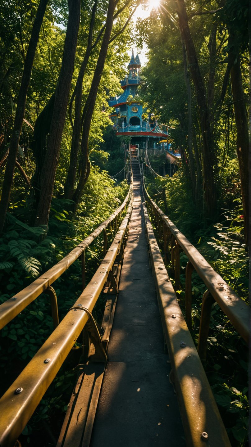 Abandoned theme park with overgrown rides  (merging into, blending in:1.2) a beautiful diamond,

Exquisite detail, diffuse-back-lighting, award-winning photograph, small-catchlight, High-sharpness, 8k dark chiaroscuro Light 