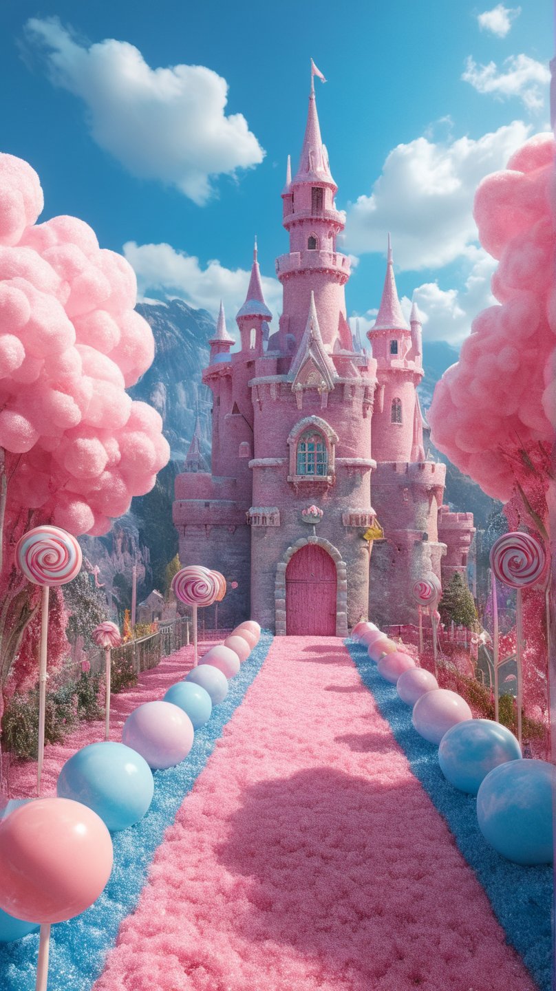 A whimsical landscape depicts Bubblegum Castle, a sugary stronghold surrounded by lollipop trees and gumdrop bushes. Candy knights in shimmering armor, their faces made of edible delights, stand guard at the entrance, where a pink carpet unwinds like a twisted ribbon. The sky is a bright blue with cotton candy clouds, and the air is sweet with the scent of spun sugar.