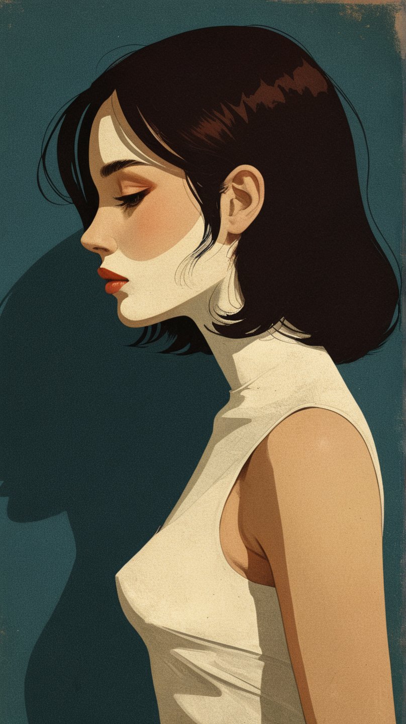 A whimsical illustration of a single girl, rendered in a nostalgic, retro aesthetic reminiscent of Keith Negley's simplicity and Mike Mignola's dark mystique. The composition features a minimalist background with bold lines and flat colors, as if cut from paper. The girl herself is posed with confident calmness, her features soft and delicate in vector format. Lighting is warm and inviting, with gentle shadows accentuating the contours of her face. The overall mood is one of quiet contemplation, as if she's lost in thought amidst a vintage-inspired setting.