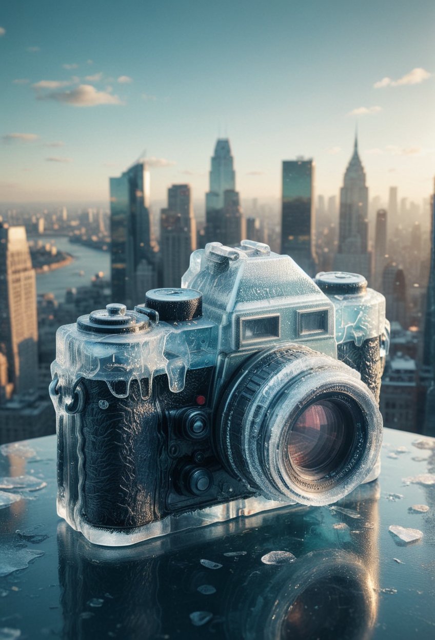 Double exposure of a vintage camera merging with a vibrant cityscape, with buildings and streets blending into the camera's body and lens
glow
photography. Natural geographic photo. Hyper-realistic, 16k resolution, intricate details.
(masterpiece, award winning artwork)
many details, extreme detailed, full of details,
Wide range of colors, high Dynamic

sss, translucent, subsurface, scattering ice, 
 ,ice,More Reasonable Details