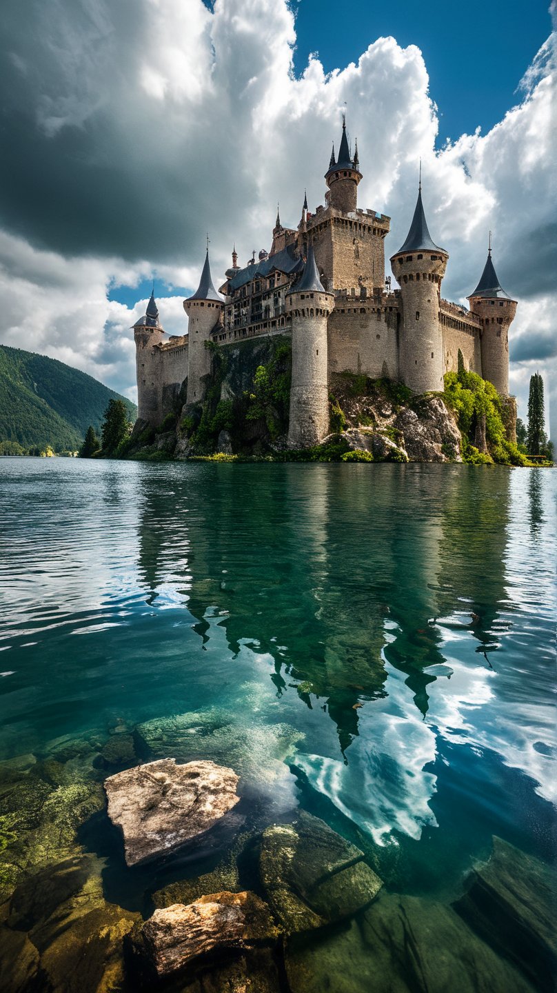 an image of a castle in the middle of a lake with a lot of water in front of it and a cloudy sky in the background